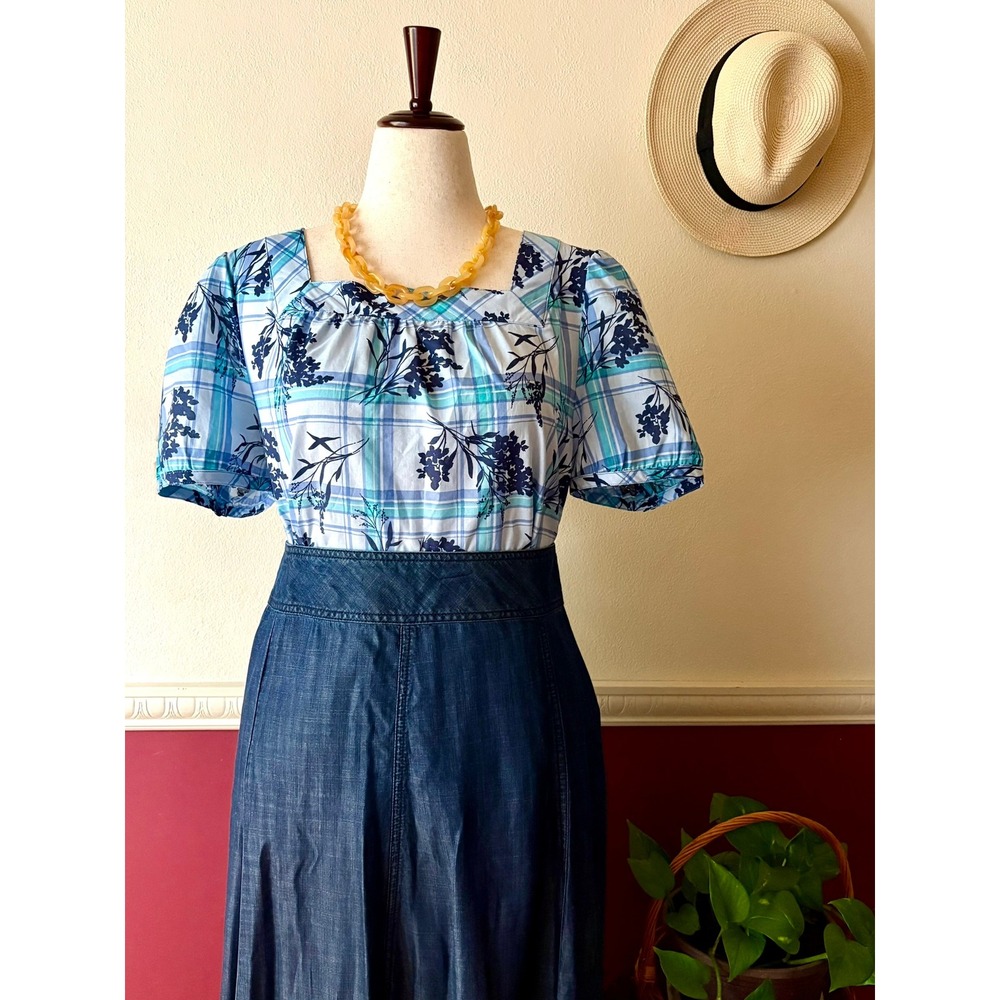 NEW CJ Banks Blue Plaid Floral Square Neck Cotton Top Size X Prairie Lightweight